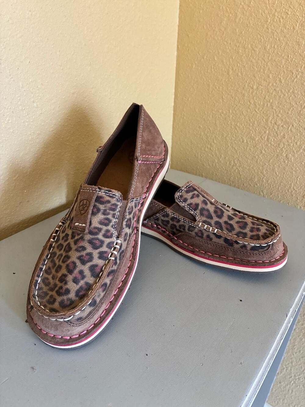 Ariat Women's Cruiser Brown Pink Leopard Print Suede Slip On Loafer Shoes